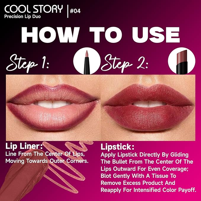 COOL STORY 2 Piece Lip Liner and Lipstick Set, Long Lasting Formula, Professional Makeup Kit (04)