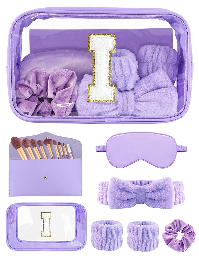 Gift Sets for Women, Initial Makeup Bag with Makeup Brush Set Bachelorette Party Favors, Purple Spa Kit with Skincare Headbands Wrist Bands Sleepover Party Supplies Gifts for Teen Girls Bridesmaid I