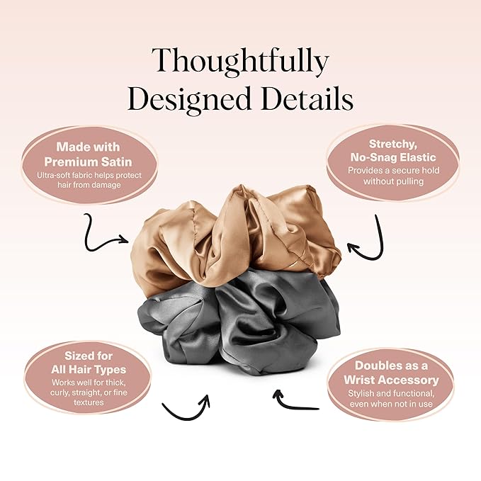 Kitsch Satin Scrunchies for Women - No Crease Hair Ties for Girls | Big Scrunchies For Women with All Hair Types and Textures, Perfect for Day or Night - 2 Pcs, Charcoal and Gold
