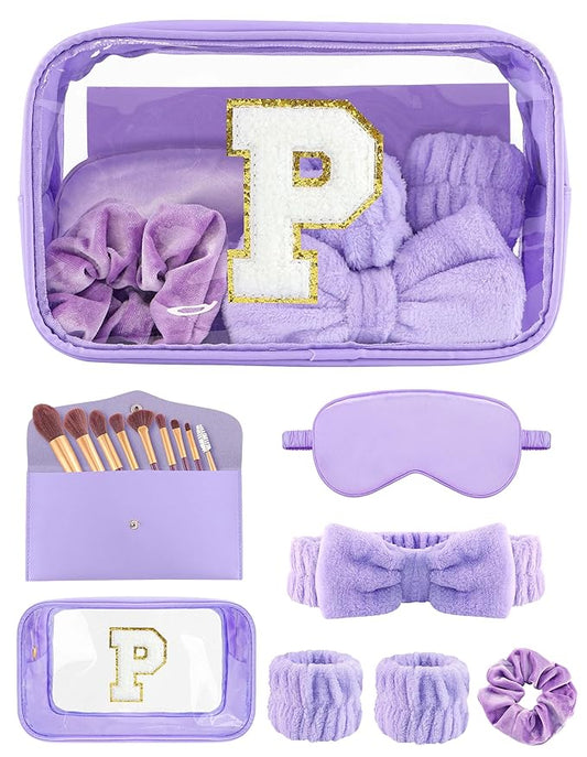 Gift Sets for Women, Initial Makeup Bag with Makeup Brush Set Bachelorette Party Favors, Purple Spa Kit with Skincare Headbands Wrist Bands Sleepover Party Supplies Gifts for Teen Girls Bridesmaid P