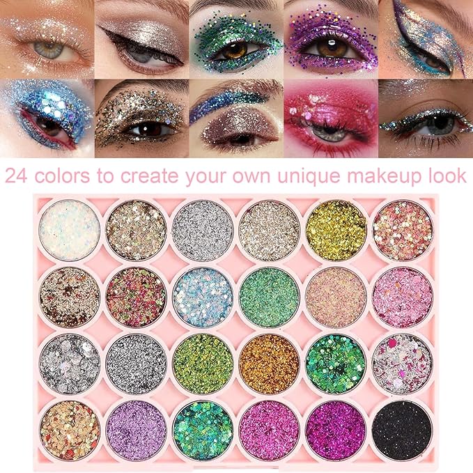 Glitter Eyeshadow Palette, 24 Colors Highly Pressed Pigmented Metallic Shimmer Sparkly Glitter Eyeshadow Makeup Pallet Palettes,Pink Blue Green Red Gold Purple Long Lasting Waterproof (24pcsA)