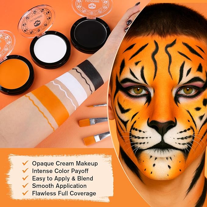 White Foundation + Black Orange Face Body Paint with Brushes for Halloween Pumpkin Clown Makeup, Non Toxic Face Painting Kit Facepaints Set for Kids Adults Party Scarecrow Tiger SFX Cosplay Make Up