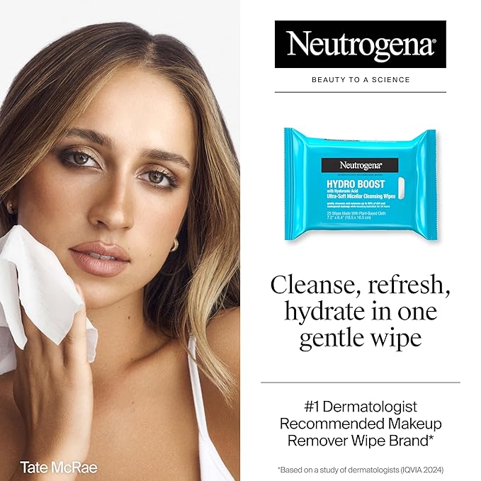 Neutrogena Hydro Boost Ultra-Soft Micellar Cleansing Wipes with Hyaluronic Acid, Hydrating Makeup Remover Wipes Remove Dirt & Waterproof Makeup, Hypoallergenic, Plant-Based Cloth, 2 x 25 ct