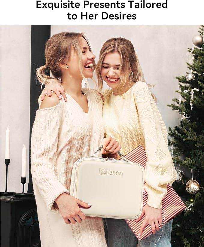 JUSRON Travel Makeup Bag With LED Mirror, Cosmetic Train Case with Light up Mirror, Portable Makeup Artist Organizer Bag with Adjustable Dividers, Makeup Brush Holder Storage (White, Large)