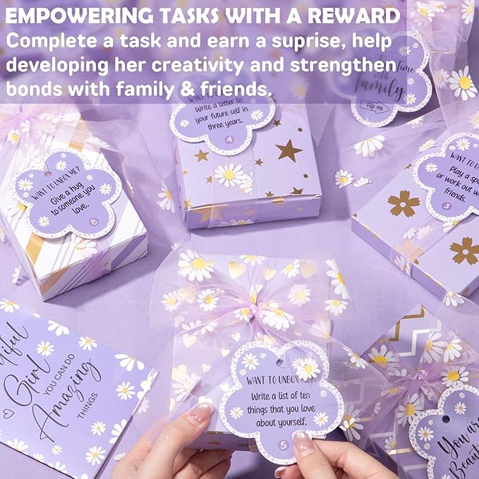 Birthday Gifts for Tween Teen Girls - 8 PCS Gifts Basket Teen Girl Gifts Trendy Stuff Girls Fun Empower Gift Box w/Task Tags Make up Brushes Makeup Bag, Graduation Gifts Idea for Her Niece Daughter