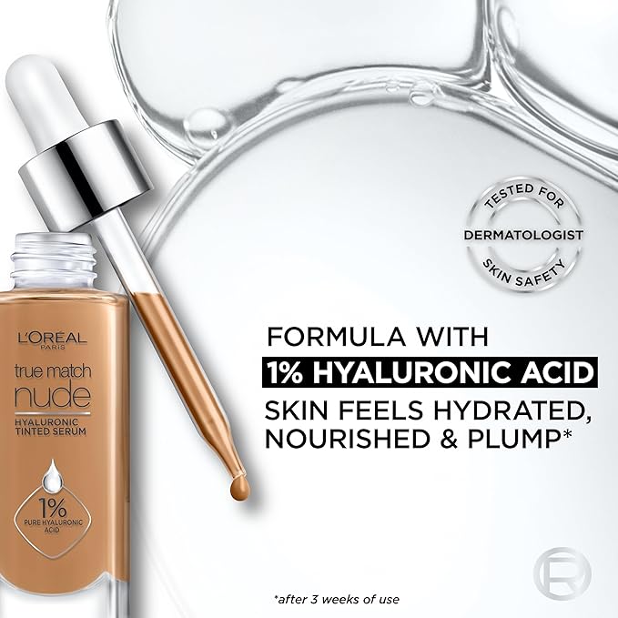 L'Oreal Paris True Match Nude Hyaluronic Tinted Serum Foundation with 1% Hyaluronic acid, Medium Deep 8.5-9.5, 1 fl. oz.