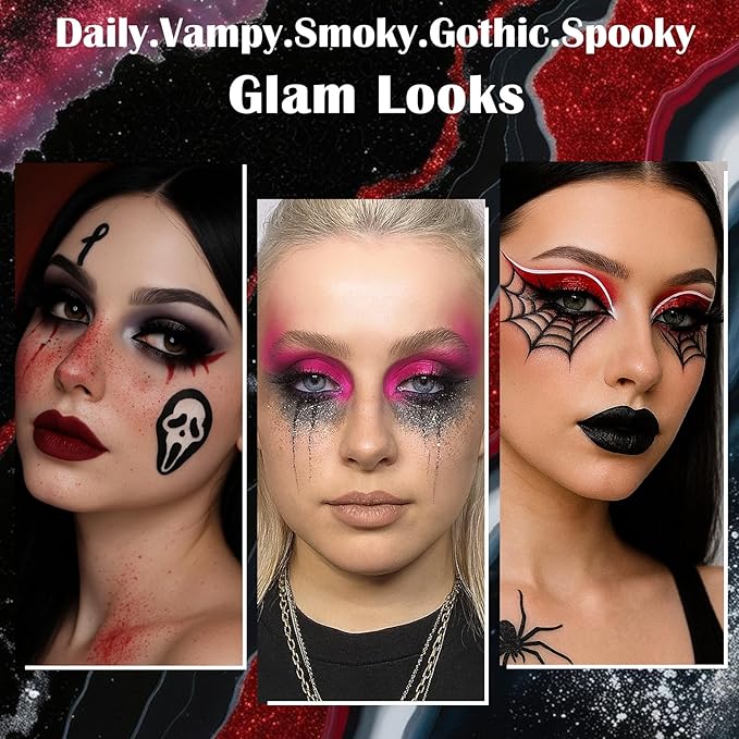 Black Red Goth Smokey Eyeshadow Palette Makeup-18 Colors Gray Silver Pink Burgundy Matte Shimmer Metallic Dark Eye Shadow Pallet for Christmas Halloween Clown Vampire Joker SFX Cosplay Costume Make Up