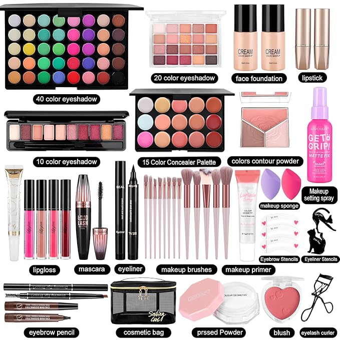 Makeup Set For Women Full Kit Includes Eyeshadow Concealer Palette Lip Gloss Lipstick Eye Pencil Makeup Brushes, All In One Makeup Gift Set For Teen, Girl And Beginner，Stocking Stuffers for Teen Girls