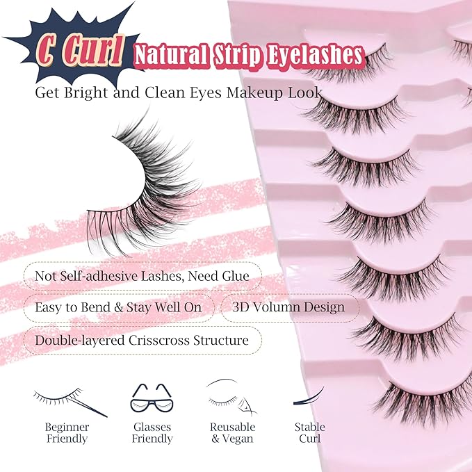 Eyelashes Natural Cat Eye Lashes 13mm Wispy Lashes False Eye Lashes with Thin Cotton Band C Curl Fake Eyelashes 3D Volume Lash Pack 7 Pair Siligli