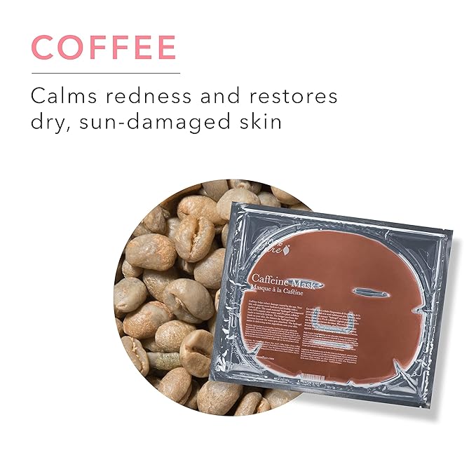 100% PURE Caffeine Face Mask (1 PC), Soothing Face Mask with Hyaluronic Acid, Hydrating Skin Care, Soothes Skin, Sustainably Made - Single Mask