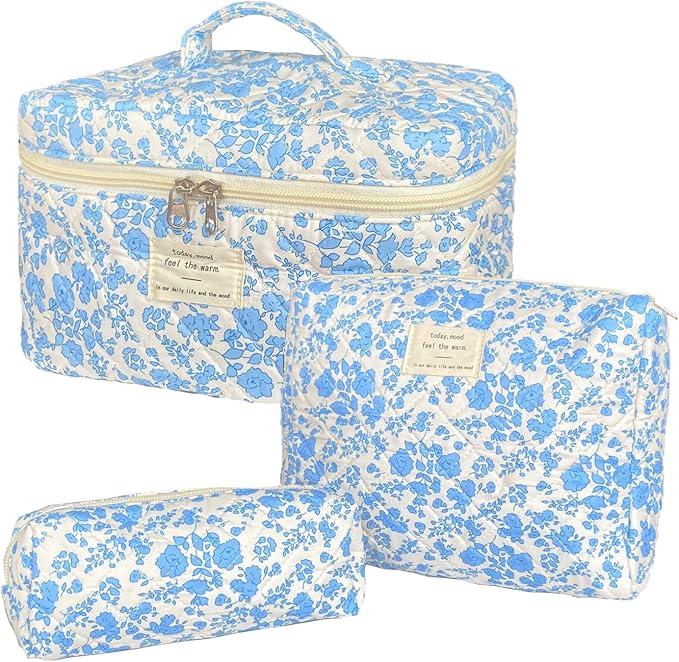 Blue Large Quilted Floral Makeup Bag Set of 3 Cute Coquette Aesthetic Cosmetic Bag Set Travel Toiletry Bag for Women