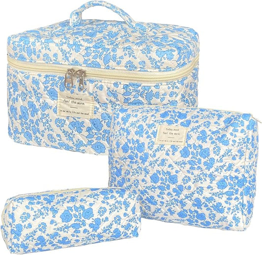 Blue Large Quilted Floral Makeup Bag Set of 3 Cute Coquette Aesthetic Cosmetic Bag Set Travel Toiletry Bag for Women