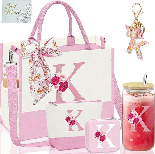 Gifts for Mom,Birthday Gift for Women,Initial Canvas Tote Bag,Thank You Gifts for Women,Monogrammed Gift for Mom,Tote Bag for Teacher,Colleague Woman-K