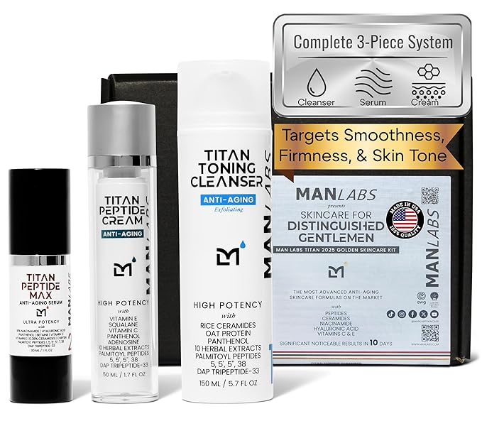Titan 3-Piece Anti-Aging Mens Skin Care Kit – Wash, Face Serum, Mens Face Moisturizer – Men, Skin Care Set – Dark Spots, Wrinkles, Fine Lines – Vitamin C, Peptides, Niacinamide, HA –Unscented