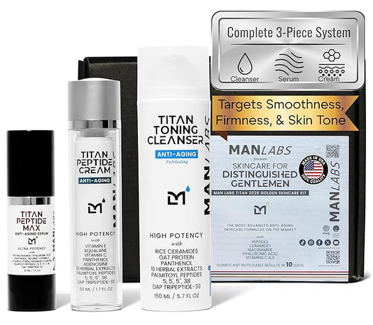 Titan 3-Piece Anti-Aging Mens Skin Care Kit – Wash, Face Serum, Mens Face Moisturizer – Men, Skin Care Set – Dark Spots, Wrinkles, Fine Lines – Vitamin C, Peptides, Niacinamide, HA –Unscented