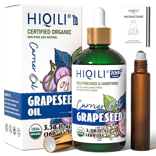 HIQILI 3.38 Fl Oz Organic Grapeseed Oil for Hair, for Skin, Carrier Oil for Essential Oils Mixing, 100% Pure & Natural-100ML