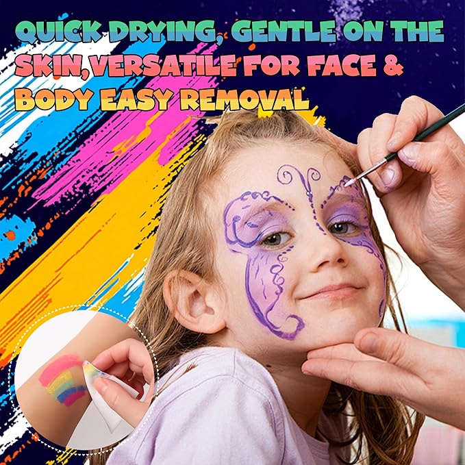 Vaneria 24 Colours Body & Face Paint Set - Quick-Drying,Water-Based Formula with Fluorescent Pens,Hair Coloring Combs,Glitter,Stencils & Brushes for Halloween, Party, Cosplay