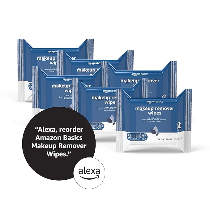 Amazon Basics Makeup Remover Wipes, Gentle Cleansing, Dermatologist Tested, Original, Plant Based, Alcohol Free, Removes Waterproof Mascara, 25 Count Per Pack, Pack of 6 (Previously Solimo)