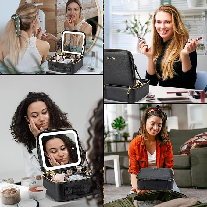 Seoneiro Makeup Travel Bag with LED Lighted Mirror Adjustable Brightness Portable Waterproof Makeup Case with Adjustable Dividers, Make up Train Case Organizer Makeup Brush Accessories and Tool Case