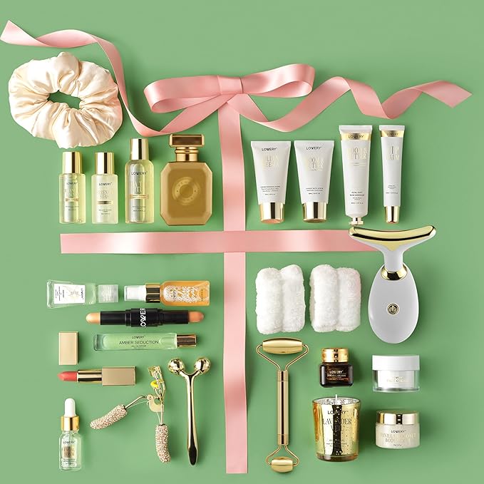 LOVERY 24-Day Luxury Beauty Advent Calendar for Women – Premium Holiday Gift Set with Skincare, Perfume, Candles, and Beauty Tools – Deluxe Gold Self-Care Countdown to Christmas