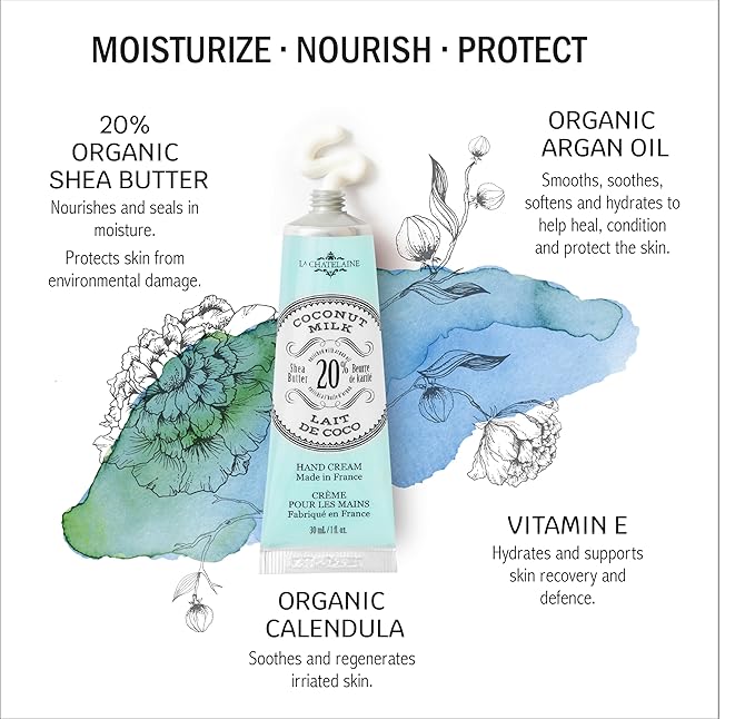 La Chatelaine Coconut Milk Triple Milled Bar Soap and 20% Shea Butter Hand Cream Gift Set, Decorative Tin, Plant-Based, Natural & Organic, Made in France (7 oz. soap bar, 1 oz. hand lotion)