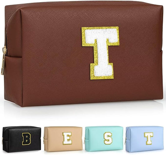 TOPEAST Preppy Stuff for Girls, Initial Makeup Bag Chenille Letter Pouch Cosmetic Bag with Zipper, PU Leather Waterproof Toiletry Bag, Cute Stuff Birthday Gift for Friends Sister (Brown T)