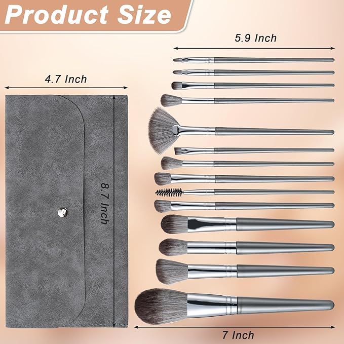 Makeup Brushes, 14 Pcs Professional Makeup Brush Set, Eye and Face Foundation Brush Set, Eyeshadow Brushes, Cosmetic Brushes, with Envelope Bag, Dark Gray