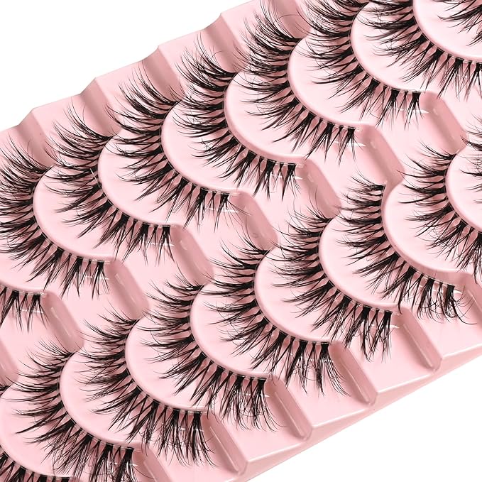 FARRED False Eyelashes Cat Eye Lashes Natural Fake Strip Eyelashes Invisible Band Mink Eyelash Strips Wispy Full Volume Pack 10 Pairs 8-14 mm Short Demi Wispies Pestañas Postizas
