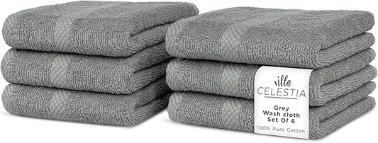 100% Cotton Wash Cloth for face & Body Set of 6, (12 x 12 inches) Sustainable, Soft, Highly Absorbent, Combed Cotton Wash Cloths Pack of 6 for Hotels, Spa, Bathroom, Dorm, Grey