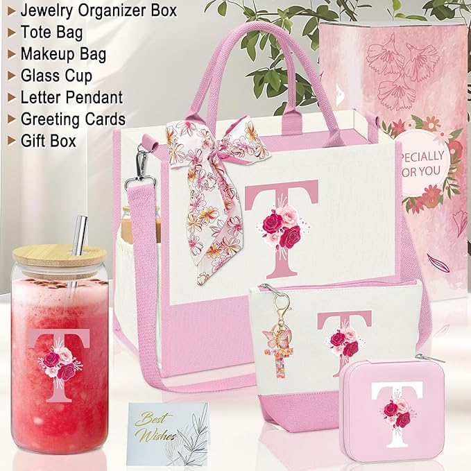 Gifts for Women,Initial Canvas Tote Bag,Personalized Gift for Woman,Monogrammed Gifts for Women,Initial Makeup Bag,Birthday Gift for Mom,present for Niece Sister-T