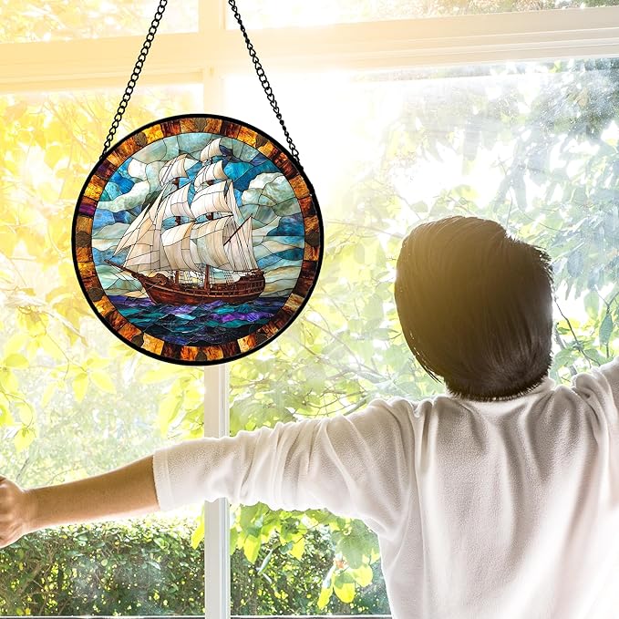 Stained Glass Window Hanging, Sailing Ocean Sun Catchers Glass Panel Navigation Suncatcher Decor for Birthday for Women, Men, Wife, Aunt, and Mom 7.8 in