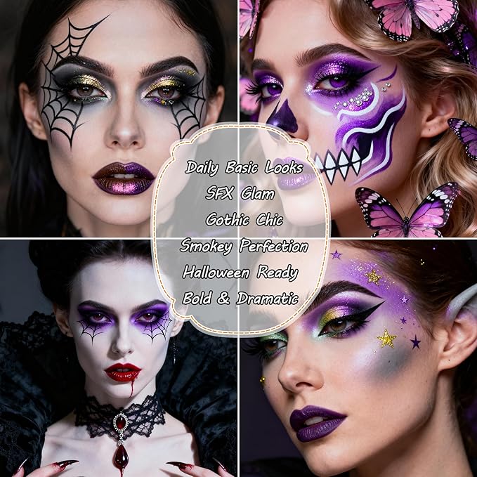 Erinde Purple Eyeshadow Palette, 15 Colors Violet Lavender Green Smokey Eye Shadow Pallet, Matte Shimmer Metallic Glitter, Highly Pigmented Blendable Makeup Kit for Cosplay, Halloween & Parties