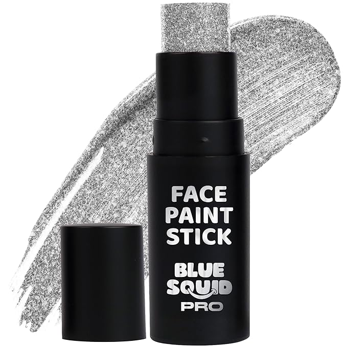 Blue Squid PRO Metallic Silver Face Paint Stick - Waterproof Silver Body Paint Adults & Kids Eye Black Baseball, Eyeblack Softball -Hypoallergenic Twist-Up Non-Toxic Makeup Stick Cosplay, Sports & SFX