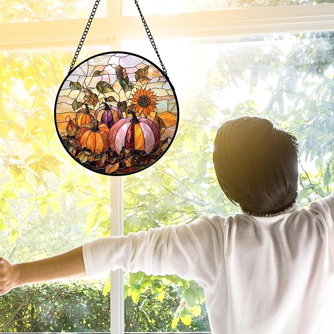 Stained Glass Window Hanging, Pumpkin Sunflower Suncatcher Diamond Glass Panel Sun Catchers Decor for Birthday for Women, Men, Wife, Aunt, and Mom 6.3 in
