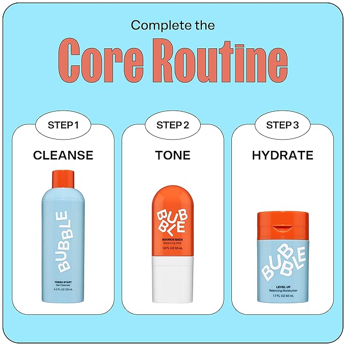 Bubble Skincare Level Up Gel Moisturizer (50ml) + Fresh Start Gel Cleanser (125ml) + Bounce Back Balancing Facial Toner Mist (55ml)