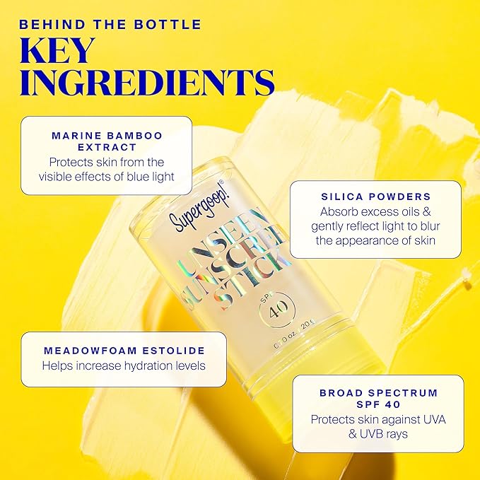 Supergoop! Unseen Sunscreen Stick SPF 40 Invisible Sun Protection - Broad Spectrum Face Sunscreen - Glides Over Makeup - Natural Finish - For All Skin Types - 0.7 fl oz