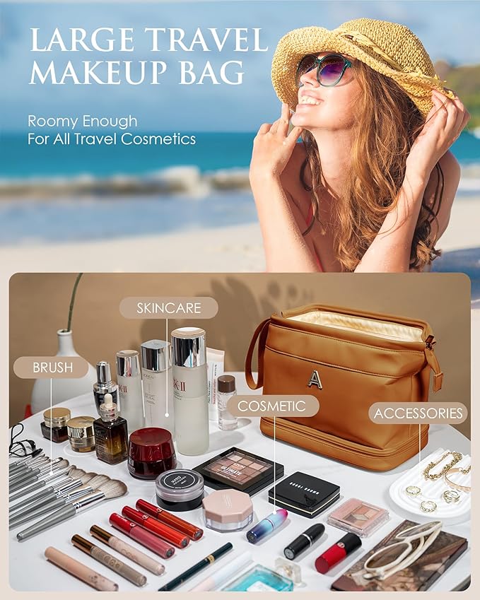 Women Presents, Personalized Makeup Bag, Monogrammed Gifts, Initial Double Layer Cosmetic Bag with Makeup Brush Organizer, Travel Toiletry Bag, Gifts for Friends Female Mom, Teen Girl Gifts