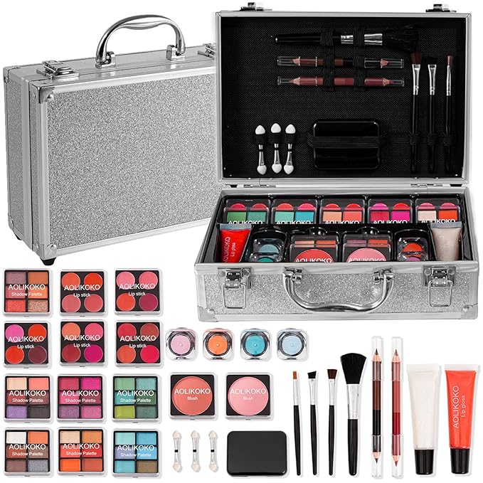 Makeup Kit for Teenager & Women Full Kit, All- In- One Makeup Set With The Cosmetic Train Case, Professional Makeup Kit, Makeup Gift Set for Women Girls(silver)