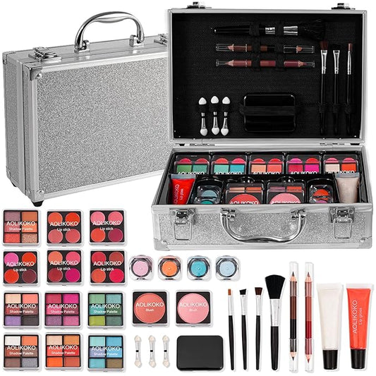 Makeup Kit for Teenager & Women Full Kit, All- In- One Makeup Set With The Cosmetic Train Case, Professional Makeup Kit, Makeup Gift Set for Women Girls(silver)
