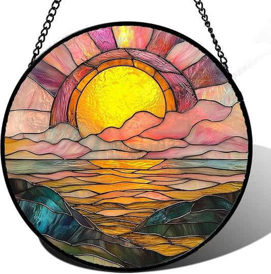 Stained Glass Window Hanging, Sunrise Over The Sea Suncatcher Diamond Glass Panel Hangings Abstract Sun Catchers Decor for Birthday for Women, Men, Wife, Aunt, and Mom 14.9 in