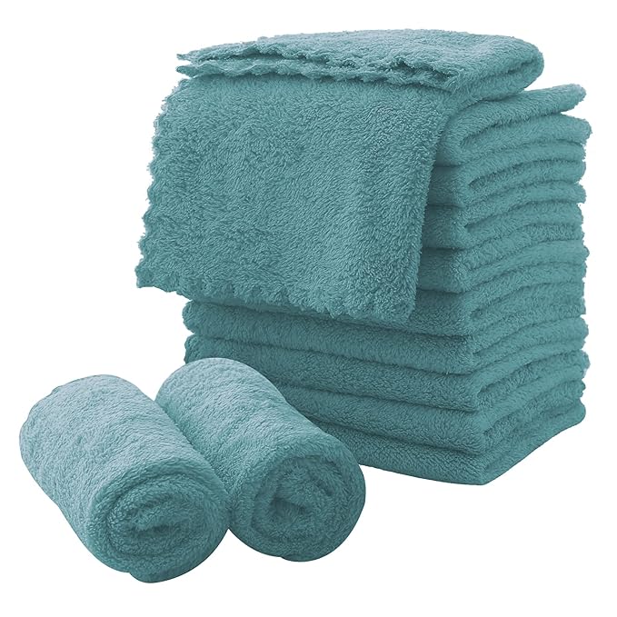 MOONQUEEN Microfiber Facial Cloths Fast Drying Washcloth 12 Pack - Premium Soft Makeup Remover Cloths - Teal