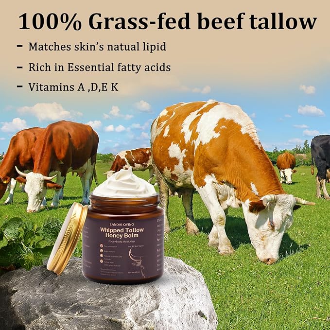 Organic Grass-Fed Beef Tallow Cream, Natural Beef Tallow for Face with Honey, Olive Oil - Fast-Absorbing Body & Face Moisturizer Cream, Smooth, Nourishing Skincare for Dry, Sensitive Skin