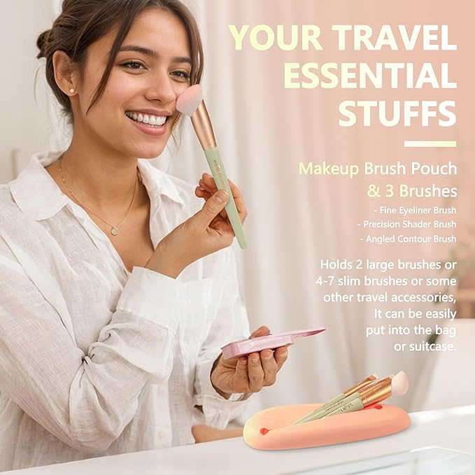 Travel Makeup Brush Set 4 Pcs, Silicon Portable Cosmetic Brush with Pouch, Beginner Friendly, for Foundation Blending Concealers Face Eyeliner Blush Makeup Brushes Kit