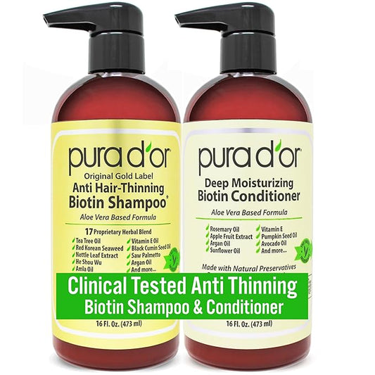 PURA D'OR Anti-Thinning Biotin Shampoo & Deep Moisturizing Conditioner Original Gold Label Set (16oz x2) Natural Earthy Scent, CLINICALLY TESTED Effective Results, Hair Thickening Product, Women & Men