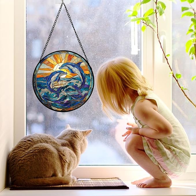 Stained Glass Window Hanging, Blue Dolphin Sun Catchers Colorful Glass Panel Sunrise Sea View Suncatcher Decor for Birthday for Women, Men, Wife, Aunt, and Mom 7.8 in