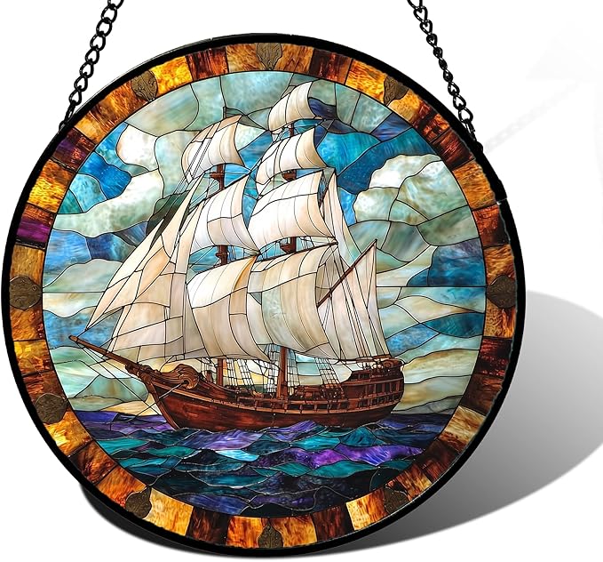 Stained Glass Window Hanging, Sailing Ocean Sun Catchers Glass Panel Navigation Suncatcher Decor for Birthday for Women, Men, Wife, Aunt, and Mom 6.3 in