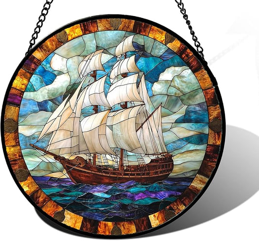 Stained Glass Window Hanging, Sailing Ocean Sun Catchers Glass Panel Navigation Suncatcher Decor for Birthday for Women, Men, Wife, Aunt, and Mom 6.3 in