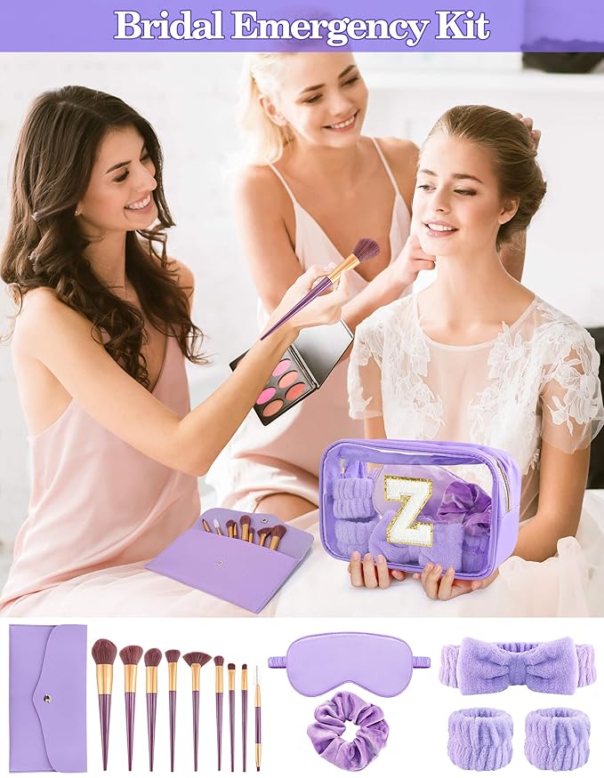 Gift Sets for Women, Initial Makeup Bag with Makeup Brush Set Bachelorette Party Favors, Purple Spa Kit with Skincare Headbands Wrist Bands Sleepover Party Supplies Gifts for Teen Girls Bridesmaid Z