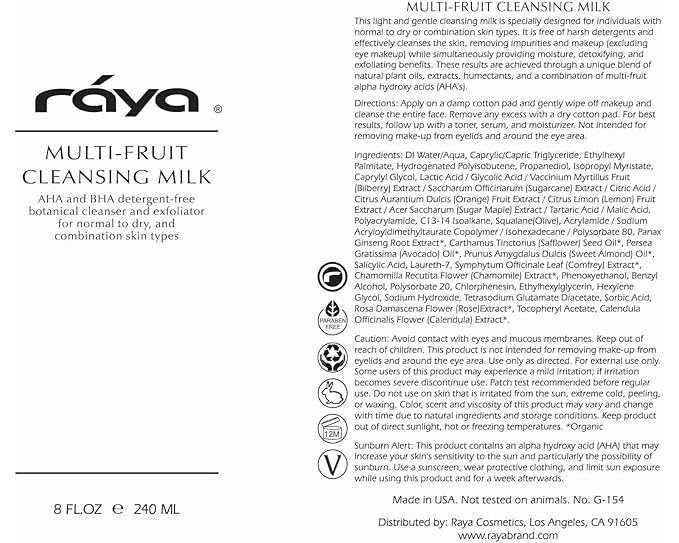 Raya Multi-Fruit Facial Cleansing Milk with AHA and BHA 16 oz (G-154) | Exfoliating Soap-Free Cleanser and Make-Up Remover for Dry and Combo Skin | Made with Multi-Fruit Alpha and Beta Hydroxy Acids