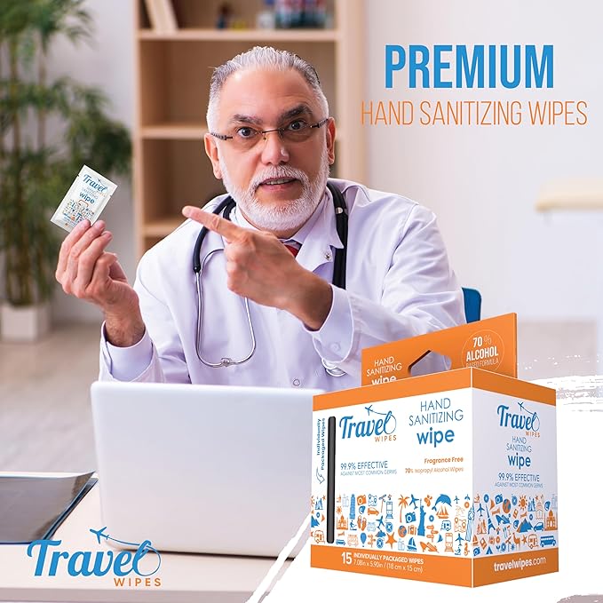 Hand Sanitizing Travel Wipes – 15ct Individually Wrapped | Fragrance-Free, Moisturizing, 70% Isopropyl Alcohol Wipes | Travel, Home, Office, Daily Use | Made in USA